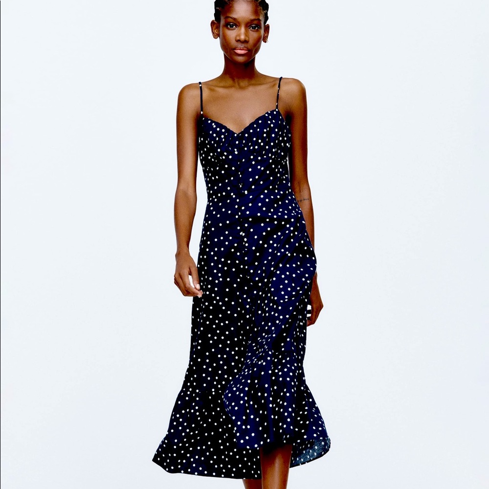 ZARA Navy Blue MIDI Dress White Polka Dots Women Size Large, Button details